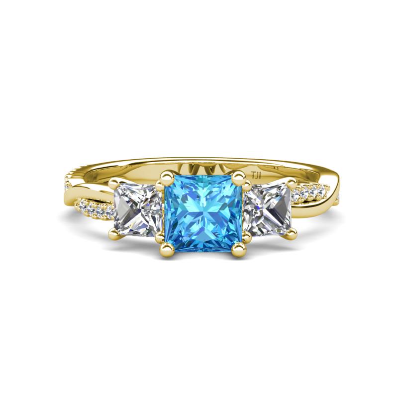 Michele 2.41 ctw (6.50 mm) 3 Stone Princess Cut Blue Topaz and Natural Diamond Twisted Vine Engagement Ring 