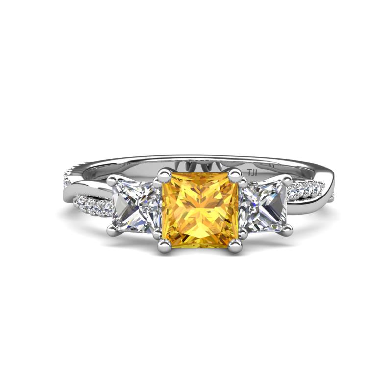 Michele 2.06 ctw (6.50 mm) 3 Stone Princess Cut Citrine and Natural Diamond Twisted Vine Engagement Ring 