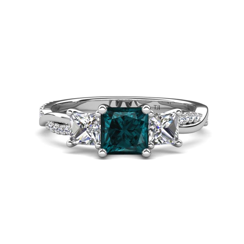 Michele 2.56 ctw (6.50 mm) 3 Stone Princess Cut London Blue Topaz and Natural Diamond Twisted Vine Engagement Ring 