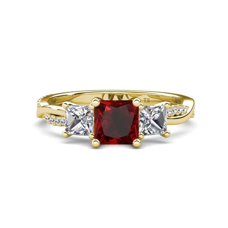 Michele 2.56 ctw (6.50 mm) 3 Stone Princess Cut Red Garnet and Natural Diamond Twisted Vine Engagement Ring 