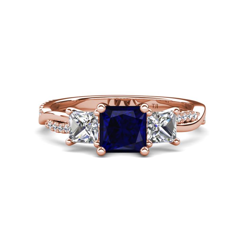 Michele 2.30 ctw (6.50 mm) 3 Stone Princess Cut Created Blue Sapphire and Natural Diamond Twisted Vine Engagement Ring 