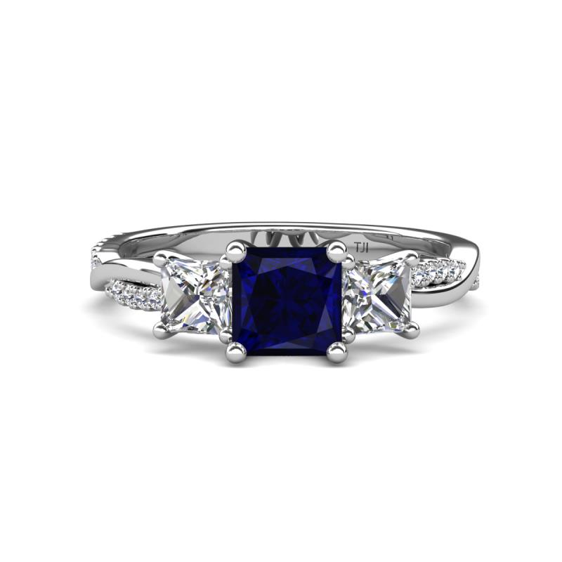 Michele 2.30 ctw (6.50 mm) 3 Stone Princess Cut Created Blue Sapphire and Natural Diamond Twisted Vine Engagement Ring 