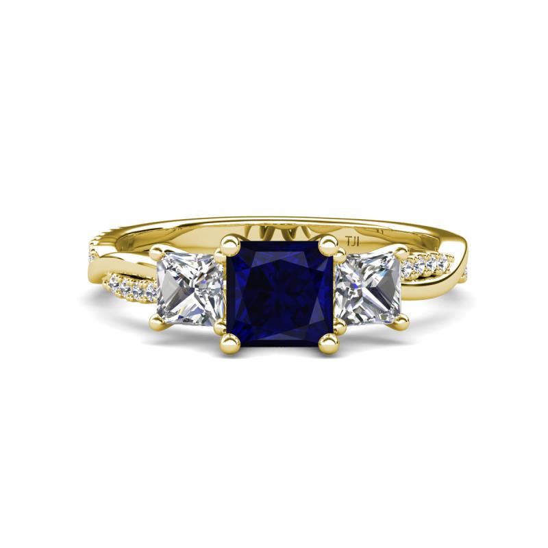 Michele 2.30 ctw (6.50 mm) 3 Stone Princess Cut Created Blue Sapphire and Natural Diamond Twisted Vine Engagement Ring 