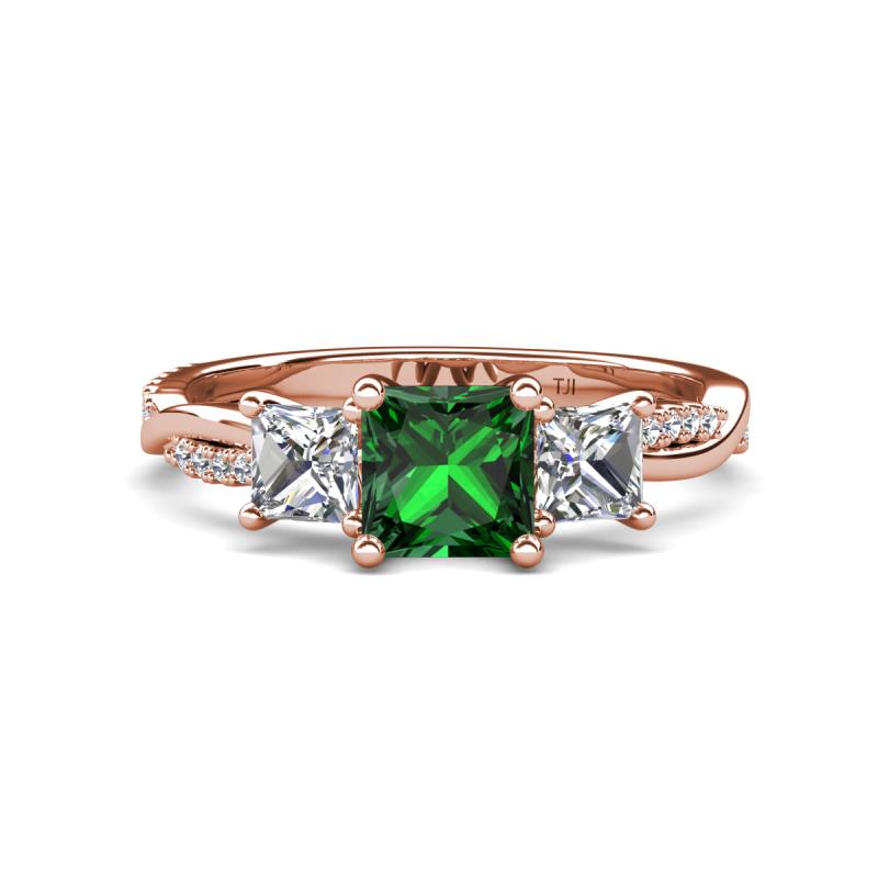 Michele 2.11 ctw (6.50 mm) 3 Stone Princess Cut Created Emerald and Natural Diamond Twisted Vine Engagement Ring 