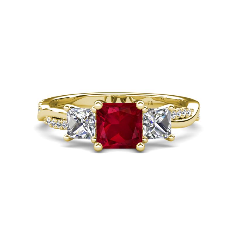 Michele 2.76 ctw (6.50 mm) 3 Stone Princess Cut Created Ruby and Natural Diamond Twisted Vine Engagement Ring 