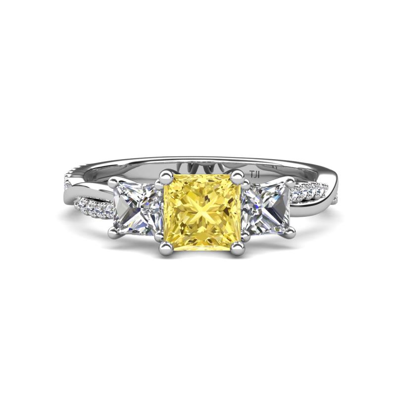 Michele 2.56 ctw (6.50 mm) 3 Stone Princess Cut Created Yellow Sapphire and Natural Diamond Twisted Vine Engagement Ring 