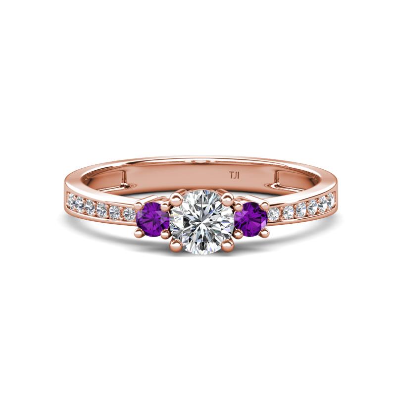 Aniyah 0.68 ctw (5.00 mm) Classic Three Stone Round Natural Diamond and Amethyst Engagement Ring 
