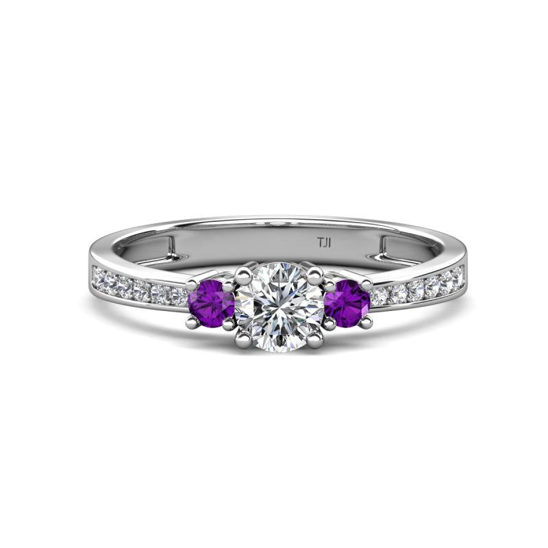 Aniyah 0.68 ctw (5.00 mm) Classic Three Stone Round Natural Diamond and Amethyst Engagement Ring 
