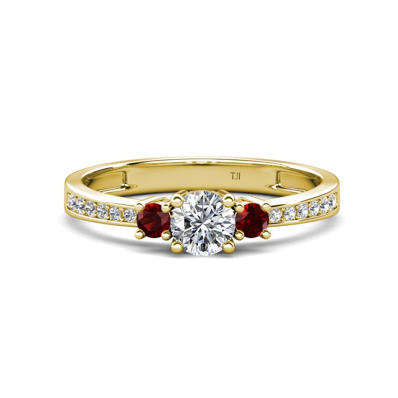 Aniyah 0.74 ctw (5.00 mm) Classic Three Stone Round Natural Diamond and Red Garnet Engagement Ring 