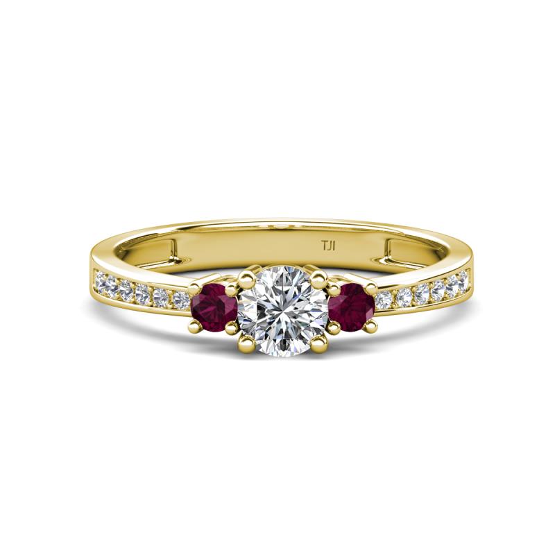 Aniyah 0.74 ctw (5.00 mm) Classic Three Stone Round Natural Diamond and Rhodolite Garnet Engagement Ring 