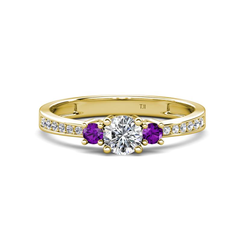 Aniyah 0.68 ctw (5.00 mm) Classic Three Stone Round Lab Grown Diamond and Amethyst Engagement Ring 