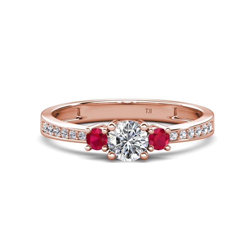 Aniyah 0.72 ctw (5.00 mm) Classic Three Stone Round Lab Grown Diamond and Ruby Engagement Ring 