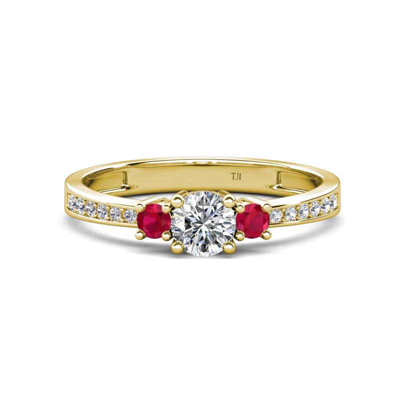 Aniyah 0.72 ctw (5.00 mm) Classic Three Stone Round Lab Grown Diamond and Ruby Engagement Ring 
