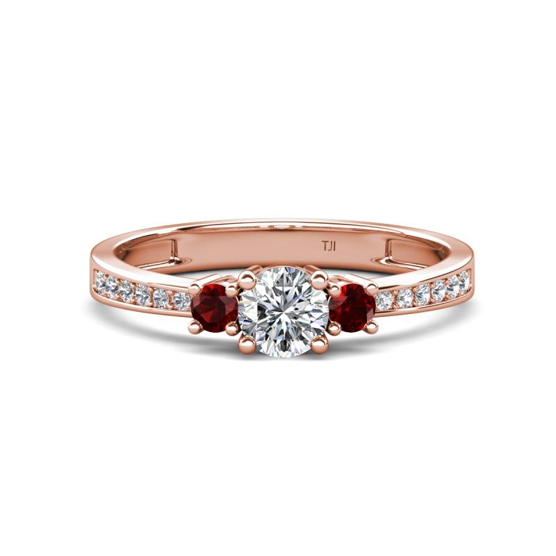 Aniyah 0.74 ctw (5.00 mm) Classic Three Stone Round Lab Grown Diamond and Red Garnet Engagement Ring 