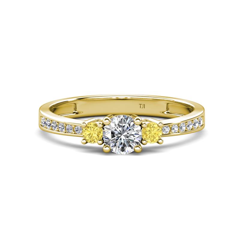 Aniyah 0.72 ctw (5.00 mm) Classic Three Stone Round Lab Grown Diamond and Yellow Sapphire Engagement Ring 