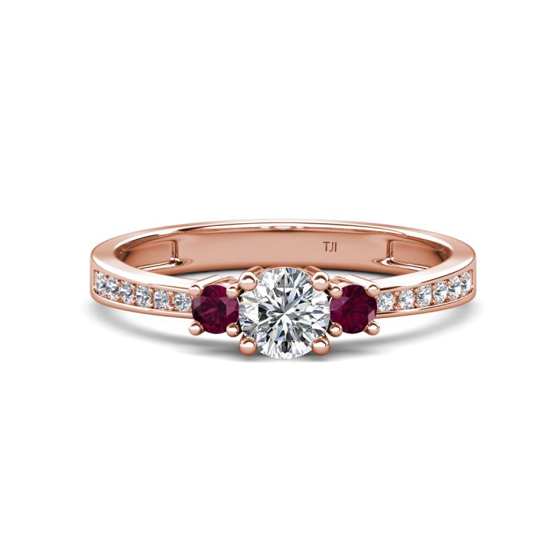 Aniyah 0.74 ctw (5.00 mm) Classic Three Stone Round Lab Grown Diamond and Rhodolite Garnet Engagement Ring 