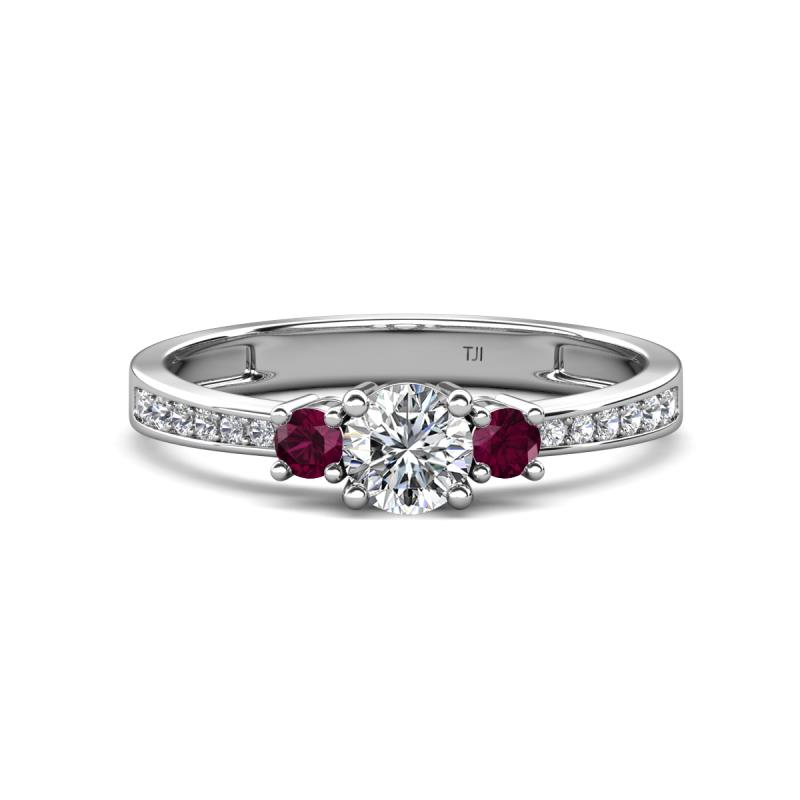 Aniyah 0.74 ctw (5.00 mm) Classic Three Stone Round Lab Grown Diamond and Rhodolite Garnet Engagement Ring 
