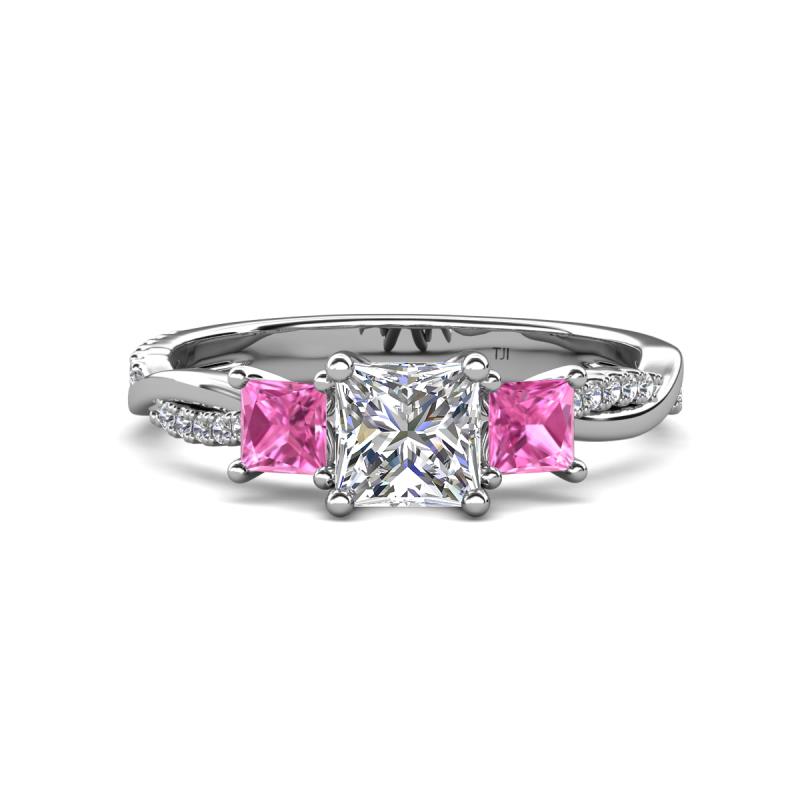 Michele 1.52 ctw (5.50 mm) 3 Stone Princess Cut Natural Diamond and Pink Sapphire Twisted Vine Engagement Ring 