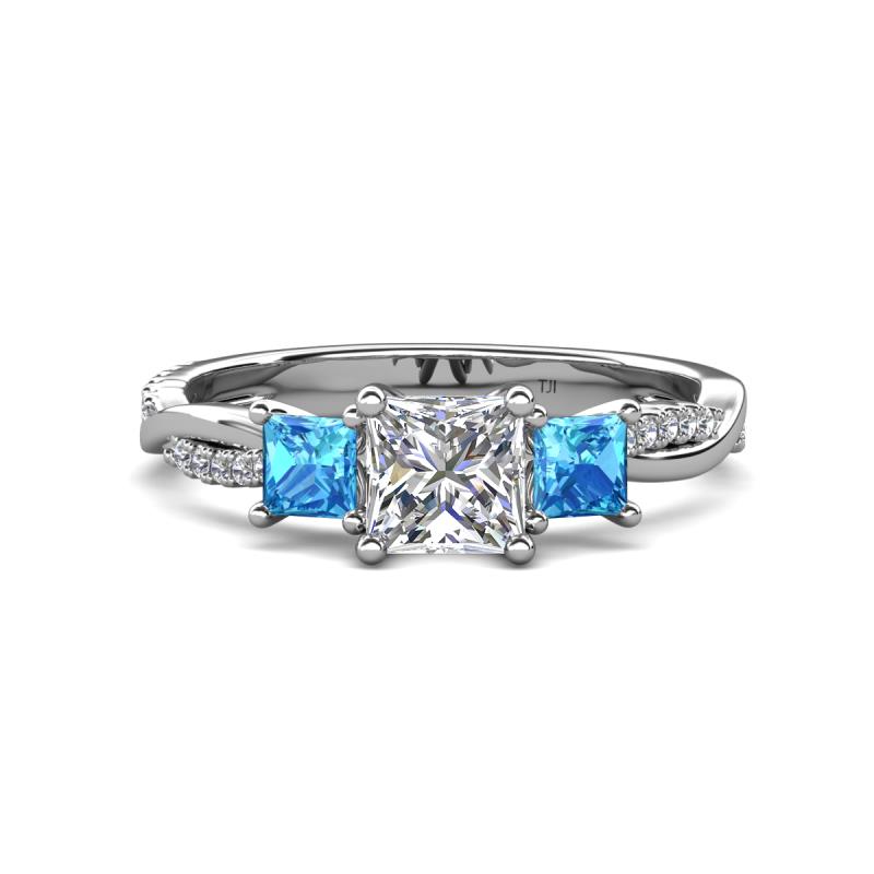 Michele 1.56 ctw (5.50 mm) 3 Stone Princess Cut Natural Diamond and Blue Topaz Twisted Vine Engagement Ring 