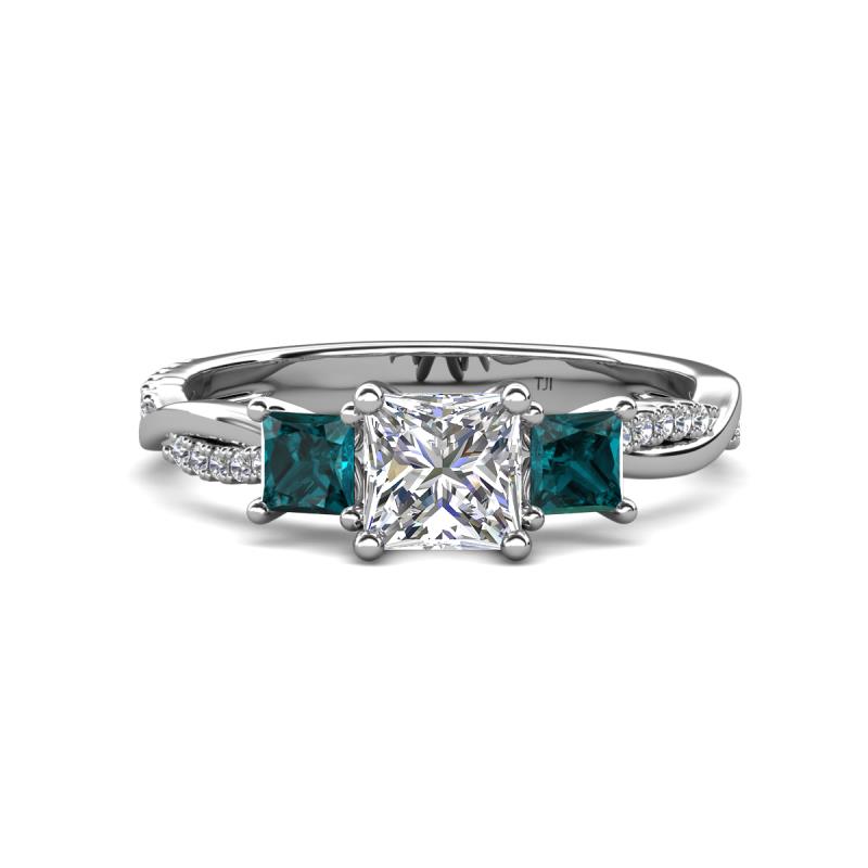 Michele 1.52 ctw (5.50 mm) 3 Stone Princess Cut Natural Diamond and London Blue Topaz Twisted Vine Engagement Ring 