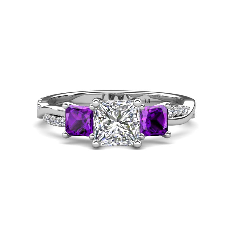 Michele 2.14 ctw (6.50 mm) GIA Certified 3 Stone Princess Cut Natural Diamond (SI/G) and Amethyst Twisted Vine Engagement Ring 
