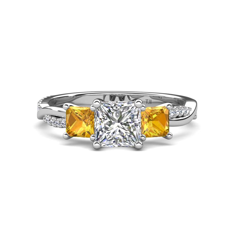 Michele 2.14 ctw (6.50 mm) GIA Certified 3 Stone Princess Cut Natural Diamond (SI/G) and Citrine Twisted Vine Engagement Ring 