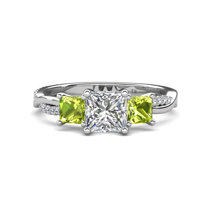Michele 2.20 ctw (6.50 mm) GIA Certified 3 Stone Princess Cut Natural Diamond (SI/G) and Peridot Twisted Vine Engagement Ring 