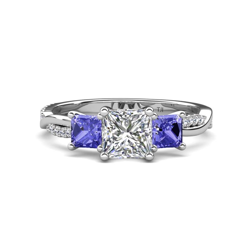 Michele 2.20 ctw (6.50 mm) GIA Certified 3 Stone Princess Cut Natural Diamond (SI/G) and Tanzanite Twisted Vine Engagement Ring 