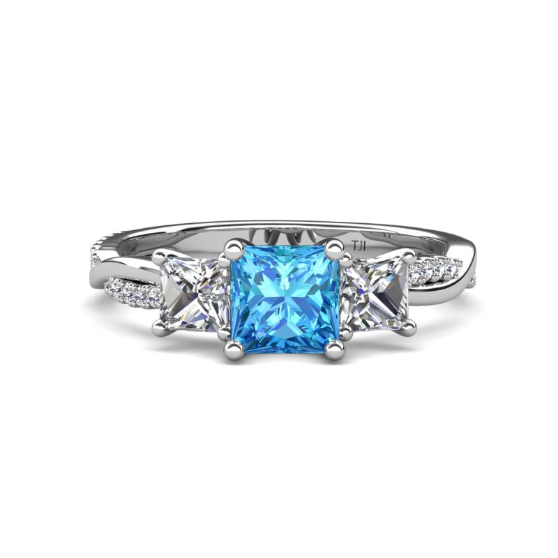 Michele 2.41 ctw (6.50 mm) 3 Stone Princess Cut Blue Topaz and Lab Grown Diamond Twisted Vine Engagement Ring 