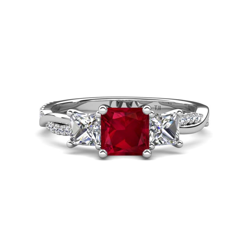 Michele 2.76 ctw (6.50 mm) 3 Stone Princess Cut Lab Created Ruby and Lab Grown Diamond Twisted Vine Engagement Ring 