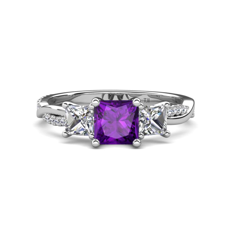 Michele 2.26 ctw (6.50 mm) 3 Stone Princess Cut Amethyst and Natural Diamond Twisted Vine Engagement Ring 
