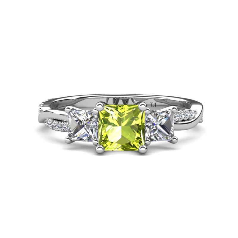 Michele 2.41 ctw (6.50 mm) 3 Stone Princess Cut Peridot and Natural Diamond Twisted Vine Engagement Ring 