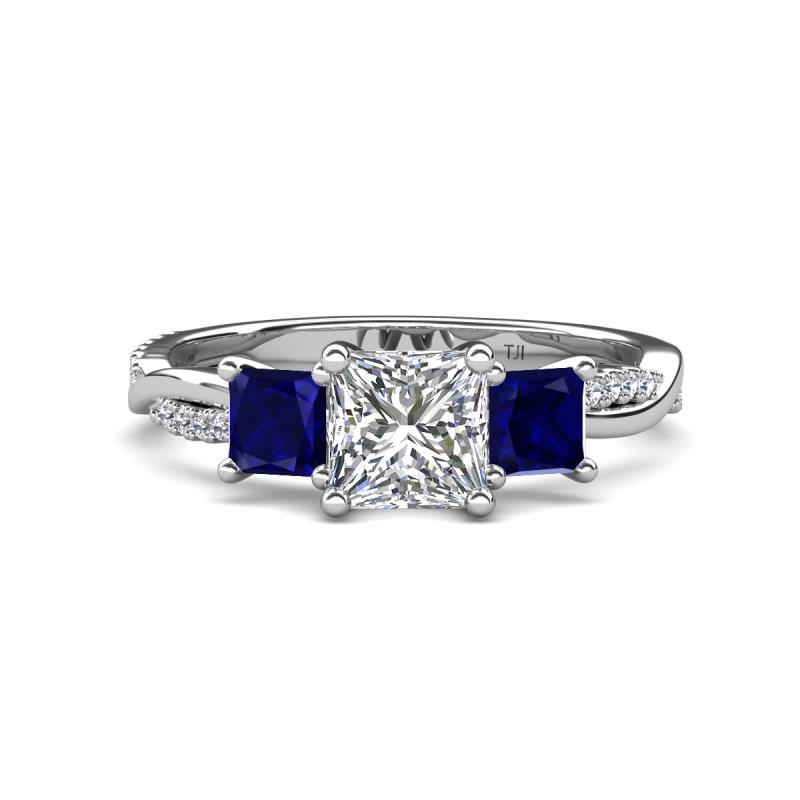 Michele 2.36 ctw (6.50 mm) IGI Certified 3 Stone Princess Cut Lab Grown Diamond (VS1/F) and Blue Sapphire Twisted Vine Engagement Ring 