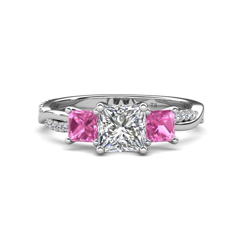 Michele 2.62 ctw (6.50 mm) IGI Certified 3 Stone Princess Cut Lab Grown Diamond (VS1/F) and Pink Sapphire Twisted Vine Engagement Ring 