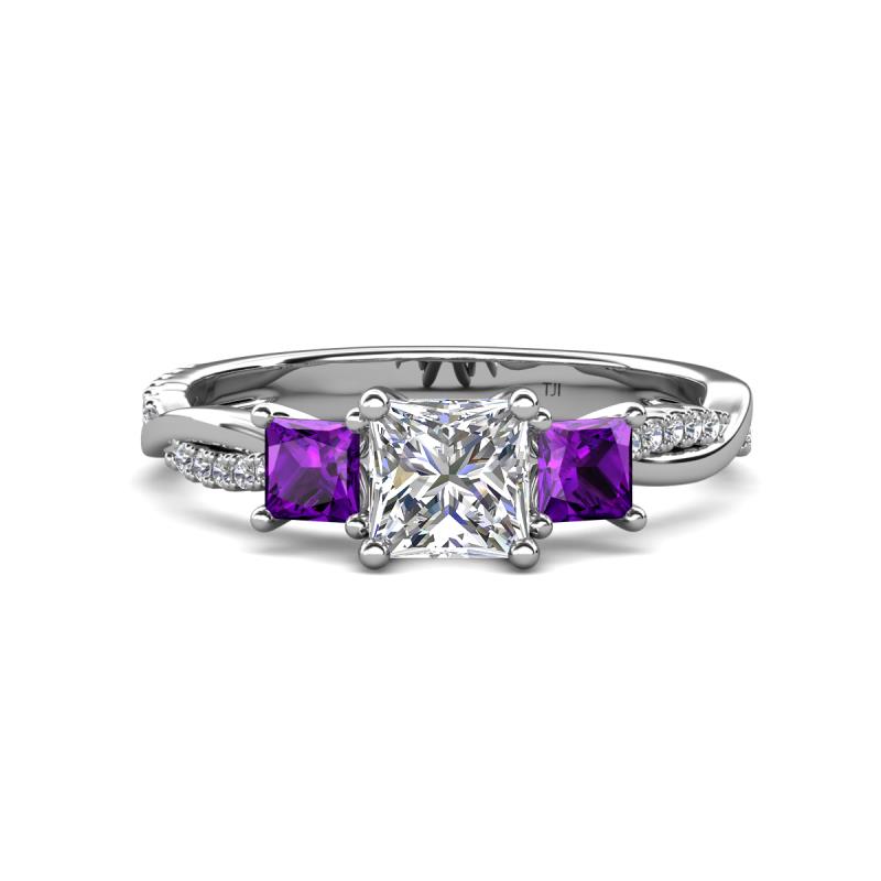 Michele 1.52 ctw (5.50 mm) 3 Stone Princess Cut Lab Grown Diamond and Amethyst Twisted Vine Engagement Ring 
