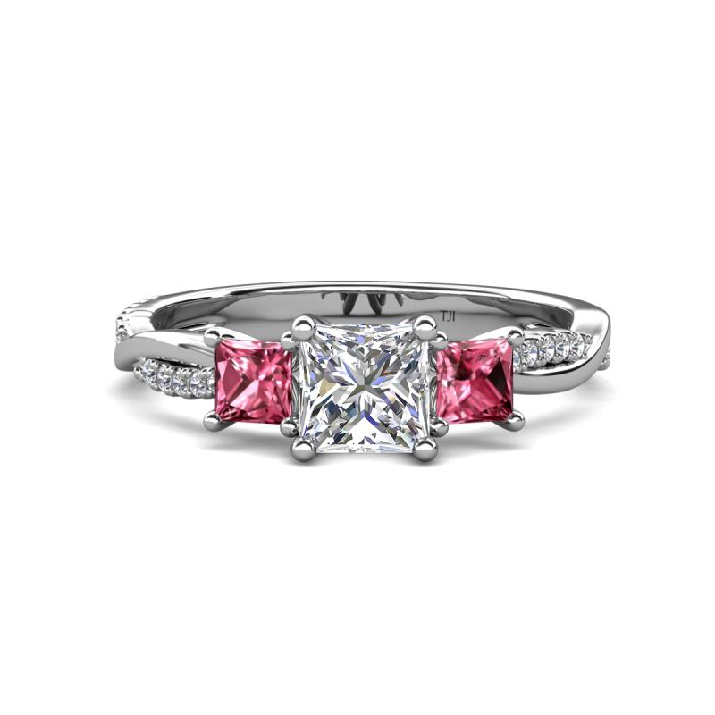 Michele 1.52 ctw (5.50 mm) 3 Stone Princess Cut Lab Grown Diamond and Pink Tourmaline Twisted Vine Engagement Ring 