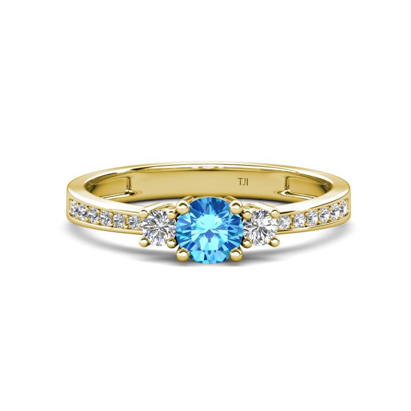Aniyah 0.71 ctw (5.00 mm) Classic Three Stone Round Blue Topaz and Natural Diamond Engagement Ring 