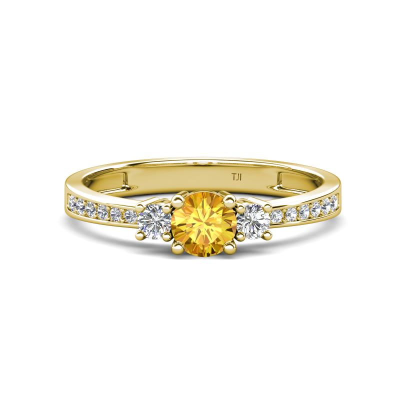 Aniyah 0.61 ctw (5.00 mm) Classic Three Stone Round Citrine and Natural Diamond Engagement Ring 