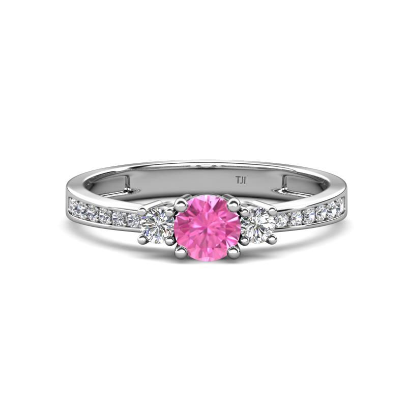 Aniyah 0.74 ctw (5.00 mm) Classic Three Stone Round Pink Sapphire and Natural Diamond Engagement Ring 