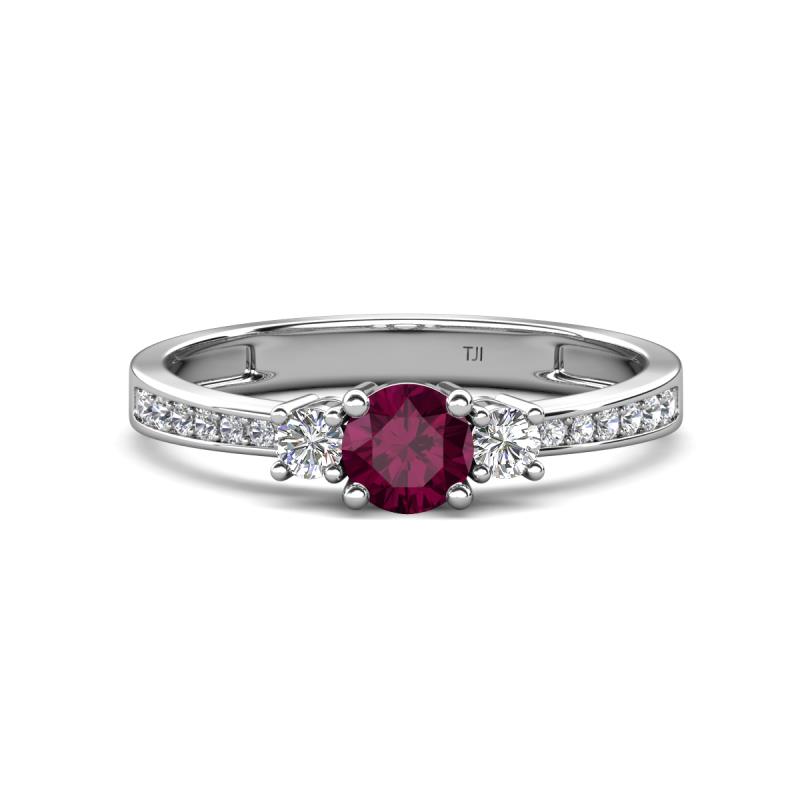 Aniyah 0.71 ctw (5.00 mm) Classic Three Stone Round Rhodolite Garnet and Natural Diamond Engagement Ring 