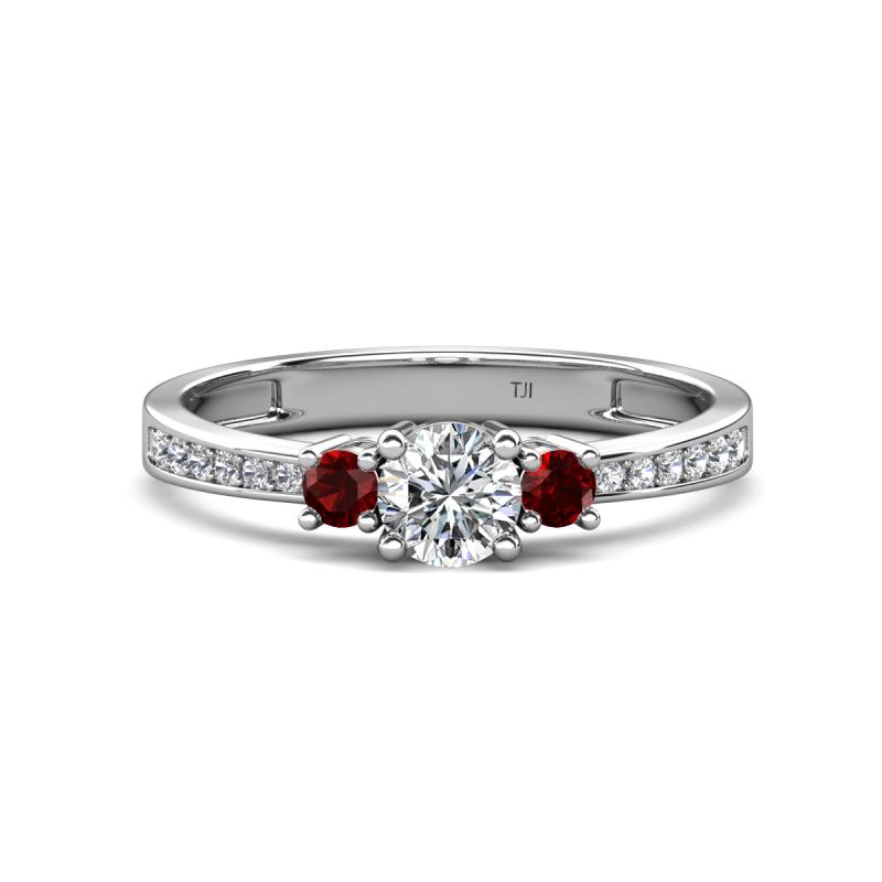 Aniyah 0.74 ctw (5.00 mm) Classic Three Stone Round Natural Diamond and Red Garnet Engagement Ring 
