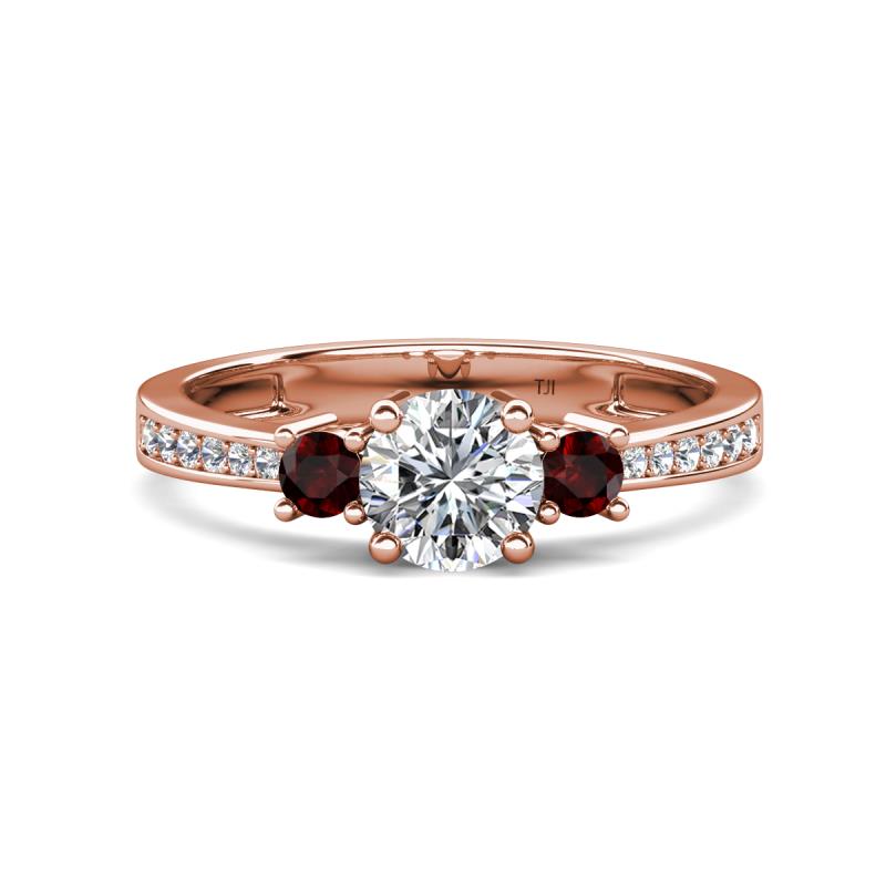 Aniyah 1.38 ctw GIA Certified Classic Three Stone Round Natural Diamond (SI/H) and Red Garnet Engagement Ring 