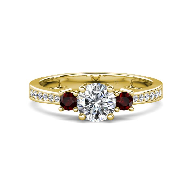 Aniyah 1.38 ctw GIA Certified Classic Three Stone Round Natural Diamond (SI/G) and Red Garnet Engagement Ring 