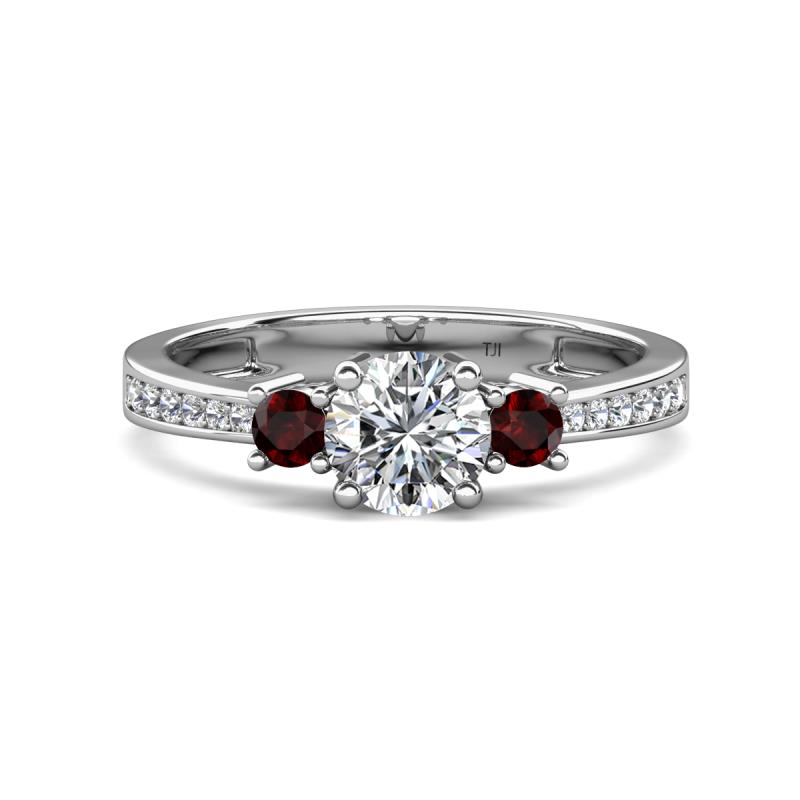 Aniyah 1.38 ctw GIA Certified Classic Three Stone Round Natural Diamond (SI/G) and Red Garnet Engagement Ring 