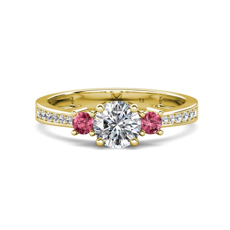 Aniyah 1.30 ctw GIA Certified Classic Three Stone Round Natural Diamond (SI/H) and Pink Tourmaline Engagement Ring 
