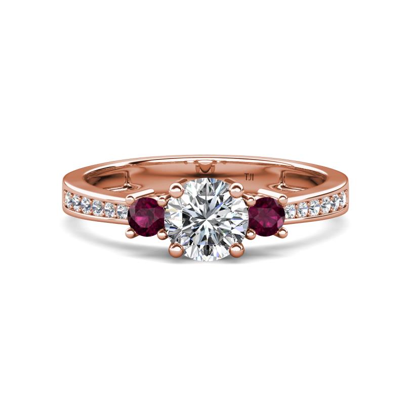 Aniyah 1.38 ctw GIA Certified Classic Three Stone Round Natural Diamond (SI/G) and Rhodolite Garnet Engagement Ring 