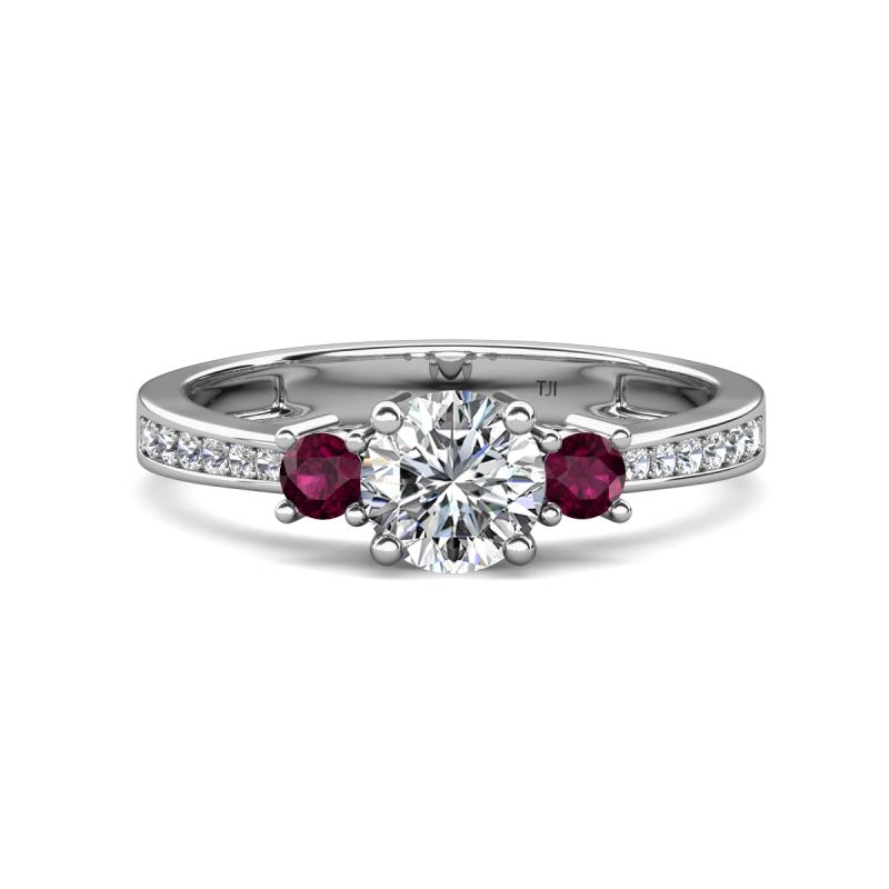Aniyah 1.38 ctw GIA Certified Classic Three Stone Round Natural Diamond (SI/H) and Rhodolite Garnet Engagement Ring 