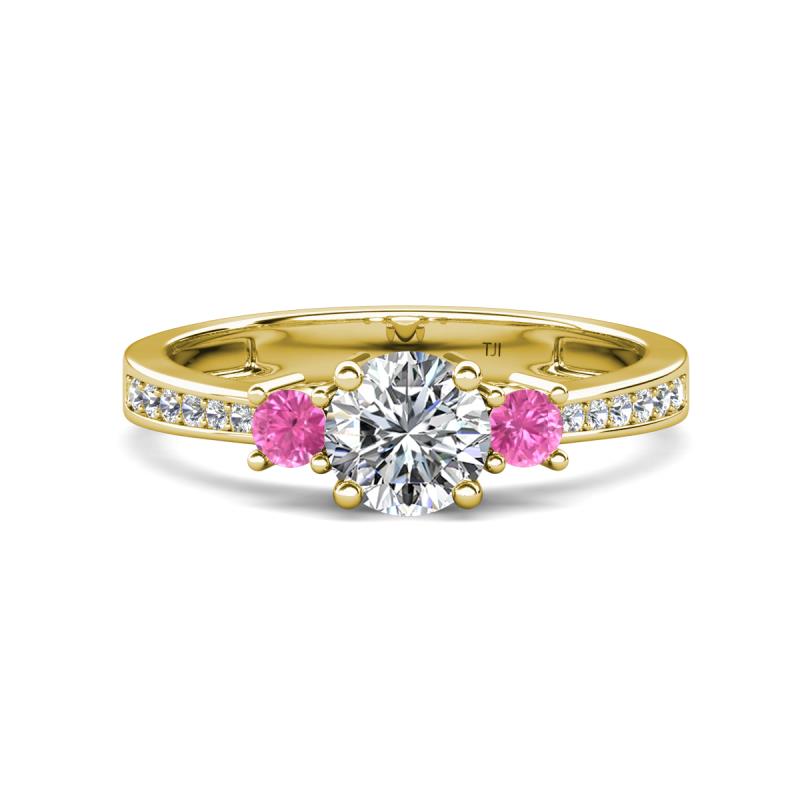 Aniyah 1.48 ctw IGI Certified Classic Three Stone Round Lab Grown Diamond (VS1/F) and Pink Sapphire Engagement Ring 