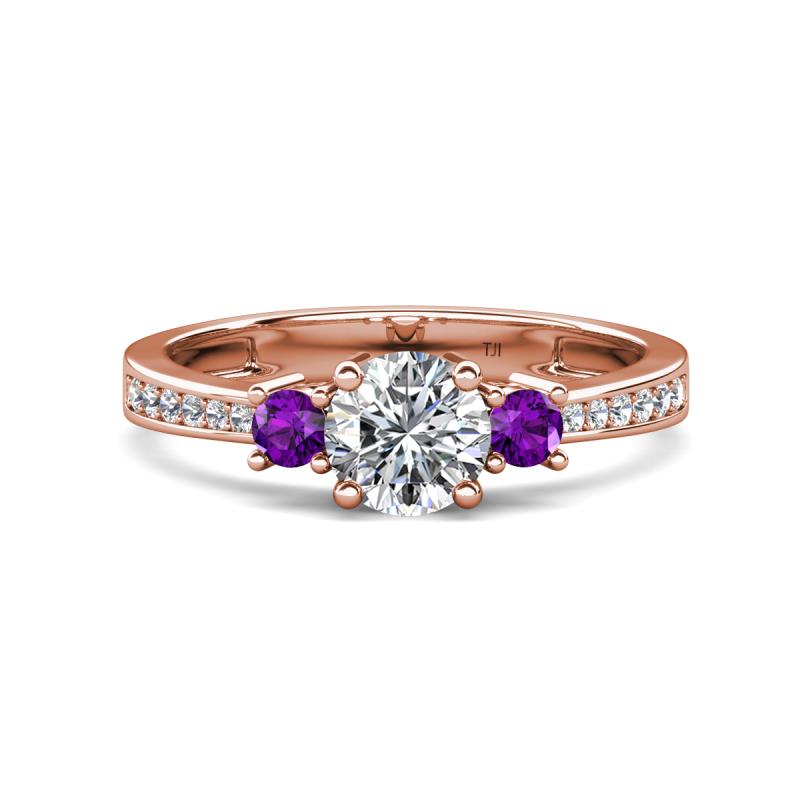 Aniyah 1.30 ctw IGI Certified Classic Three Stone Round Lab Grown Diamond (VS1/F) and Amethyst Engagement Ring 