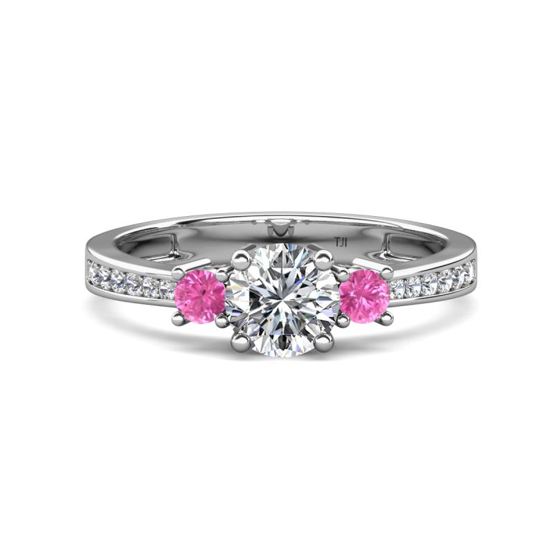 Aniyah 1.48 ctw IGI Certified Classic Three Stone Round Lab Grown Diamond (VS1/F) and Pink Sapphire Engagement Ring 